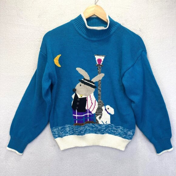 Vintage Bunny Christmas Sweater Womens Medium Mixed Media Dog 80s Pullover Blue - Picture 1 of 16